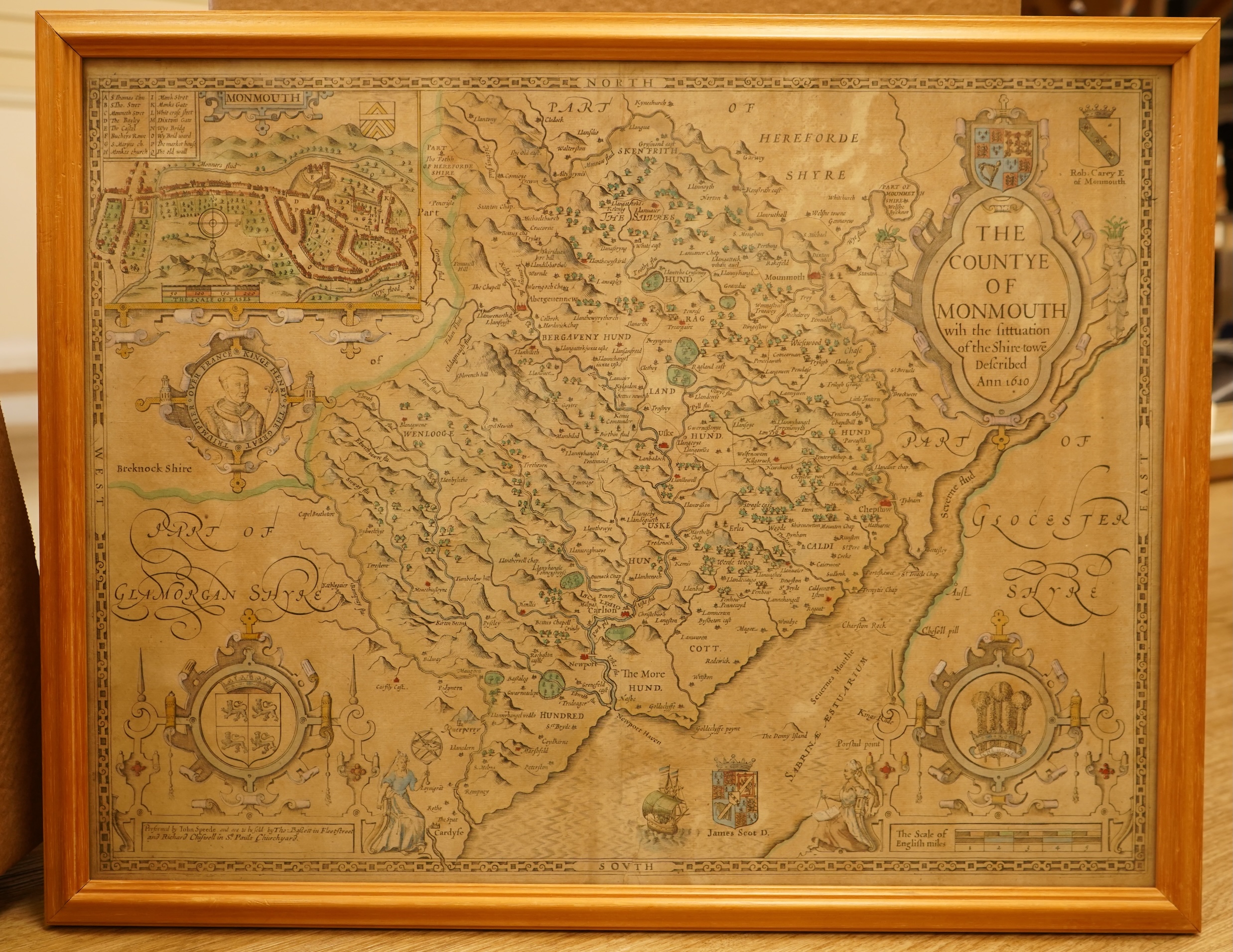 Four early maps comprising: two after Philip Lea, ‘The County of Northampton’ and ‘Monmouth’ together with two after John Speede, ‘Great Britain’ and ‘The County of Monmouth’, 40 x 49cm